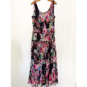Jones Studio Dress Women 16 Black Multicolor Floral Maxi Sundress Resort Lined